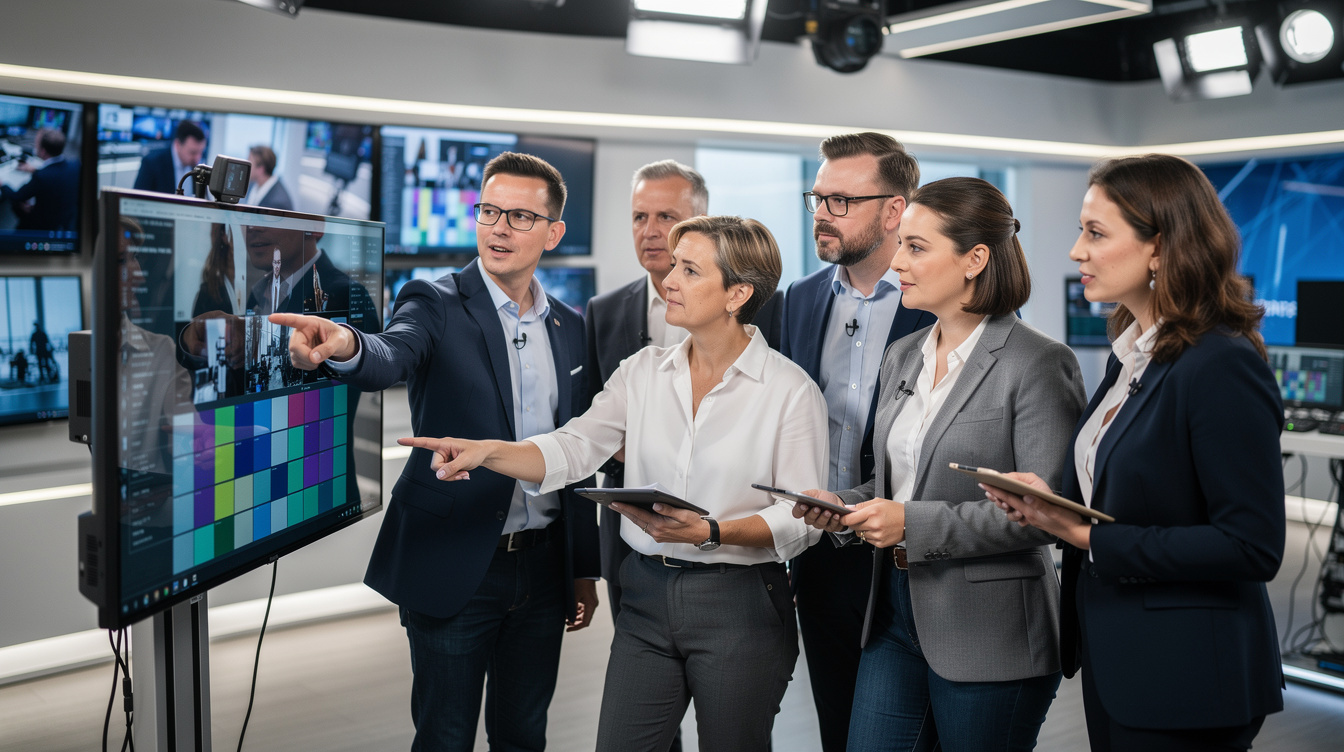 Team of journalists reviewing footage in a modern TV studio